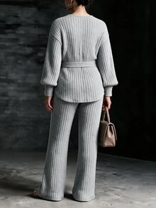 Linhara CURVE Plus Size Minimalist V-Neck Long Sleeve Top And Pants Elegant Set Fall - Light Grey - View 2