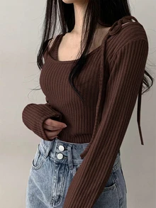 DAZY Women's Lace-Up Asymmetric Shoulder Solid Color Long Sleeve 2 In 1 T-Shirt - Coffee Brown - View 3