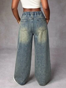 SHEIN MOD Celana Jeans Denim Kasual Longgar Kaki Lebar Pinggang Tinggi Saku Wanita Ukuran Besar - Dark Wash - View 2