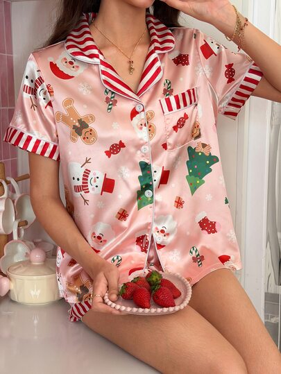 SweetSlumber PJS9 Conjunto de pijama de satén con estampado digital para mujer