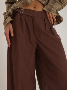 MUSEYN Celana Panjang Lebar Berlipit dengan Detail Ikat Pinggang Anyaman Cokelat, Serbaguna untuk Sehari-hari dan Kasual di Musim Gugur - Coffee Brown - View 5