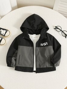 SHEIN 男嬰秋冬休閒時尚拼色拼接連帽夾克防風防曬外套 - 黑色 - 查看 1