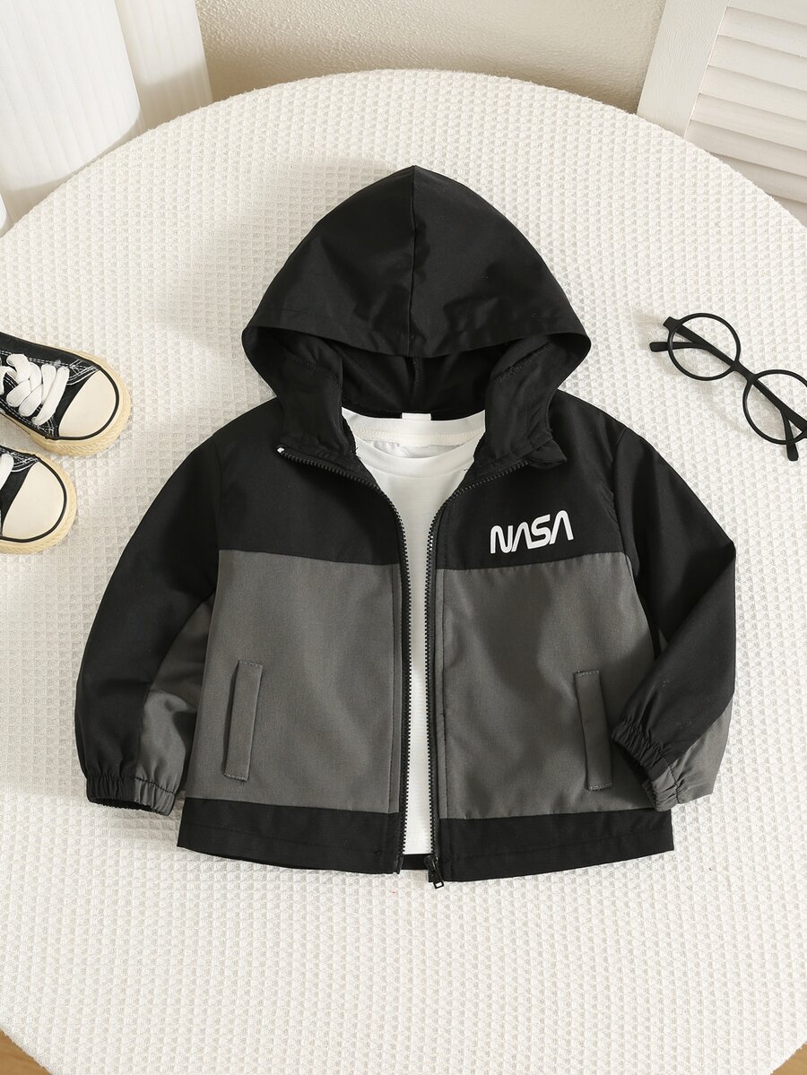 SHEIN 男嬰秋冬休閒時尚拼色拼接連帽夾克防風防曬外套 - 黑色 - 查看 1