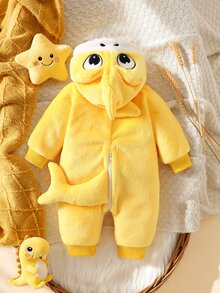 SHEIN 新生兒連帽長袖可愛毛絨褲裝套裝 日常穿著 卡其色駱駝印花 適合女嬰男嬰 秋冬款 - 黃色 - 查看 2