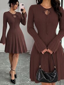 SHEIN Raffinéa Women's Minimalist Vintage Tie-Up Pleated Knit Dress - Coffee Brown - View 1