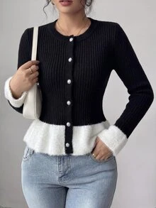 SHEIN Raffinéa Women's French Style Color Block Faux Mink Knit Cardigan, Autumn/Winter - Black and White - View 4