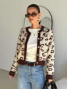 SHEIN Clasi 女款拼色休閒百搭日常外出開襟衫 - 摩卡棕 - 查看 3