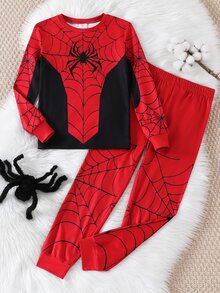 Boys Casual Comfortable Versatile Spider Print Pattern Slim Fit Pajama Set - Multicolor - View 9