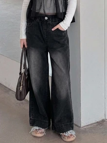 DAZY Tween Girl Casual Daily Wide Leg Denim Jeans With Pockets And Buttons - Black - View 4