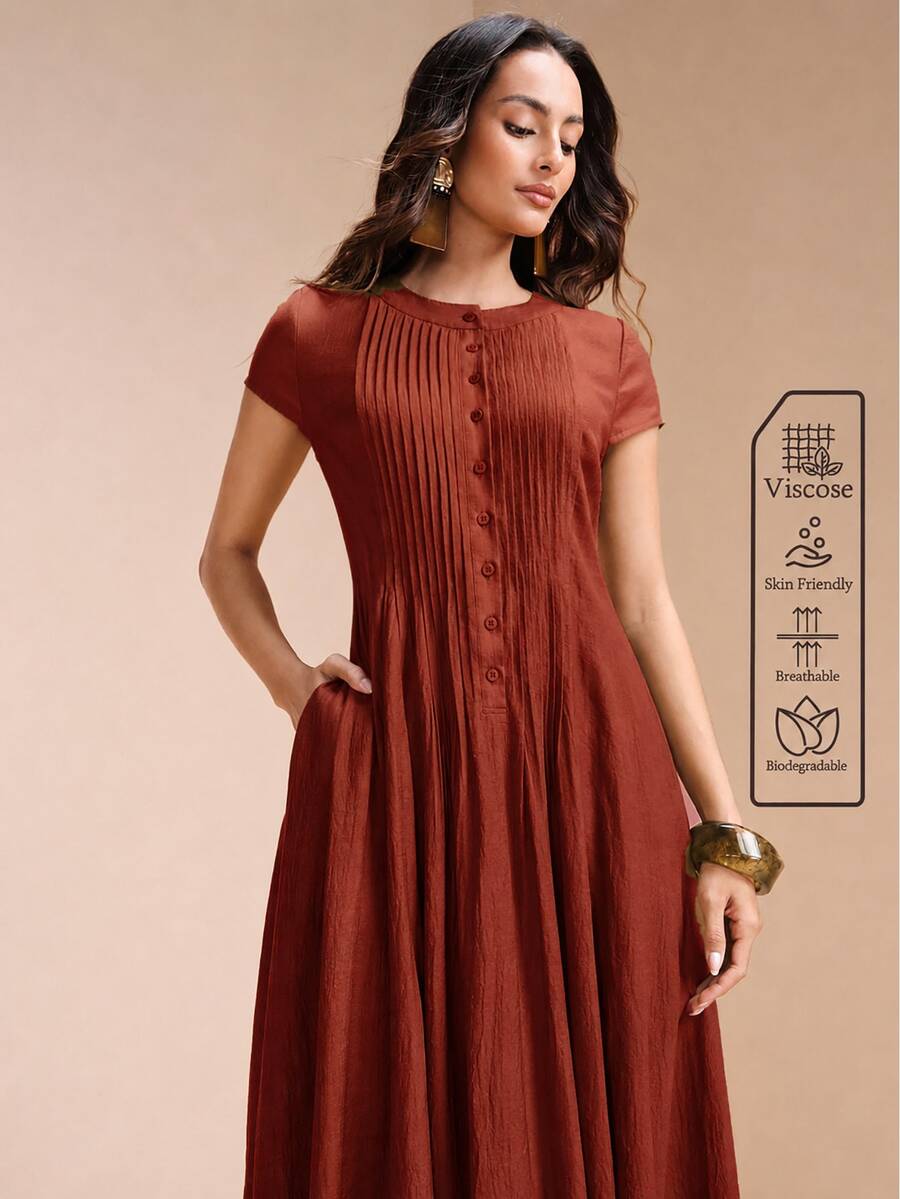 Arave 女款 A 字高腰直條紋壓褶半開鈕扣圓領口袋優雅復古紅陶紅秋季感恩節連身裙 - 紅木色 - 查看 1