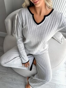 SHEIN Women's Contrast Binding Notch Neck Ribbed Long Sleeve Top And Straight Leg Pants 2 Pieces Casual Paj - Light Grey - View 4
