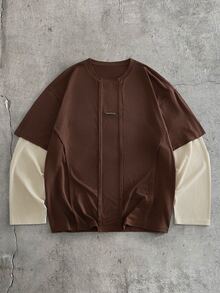 EASEVO Men's Plus Size Faux Two Pieces Long Sleeve Crew Neck Casual T-Shirt Halloween Winter Party Autumn - Coffee Brown - View 1