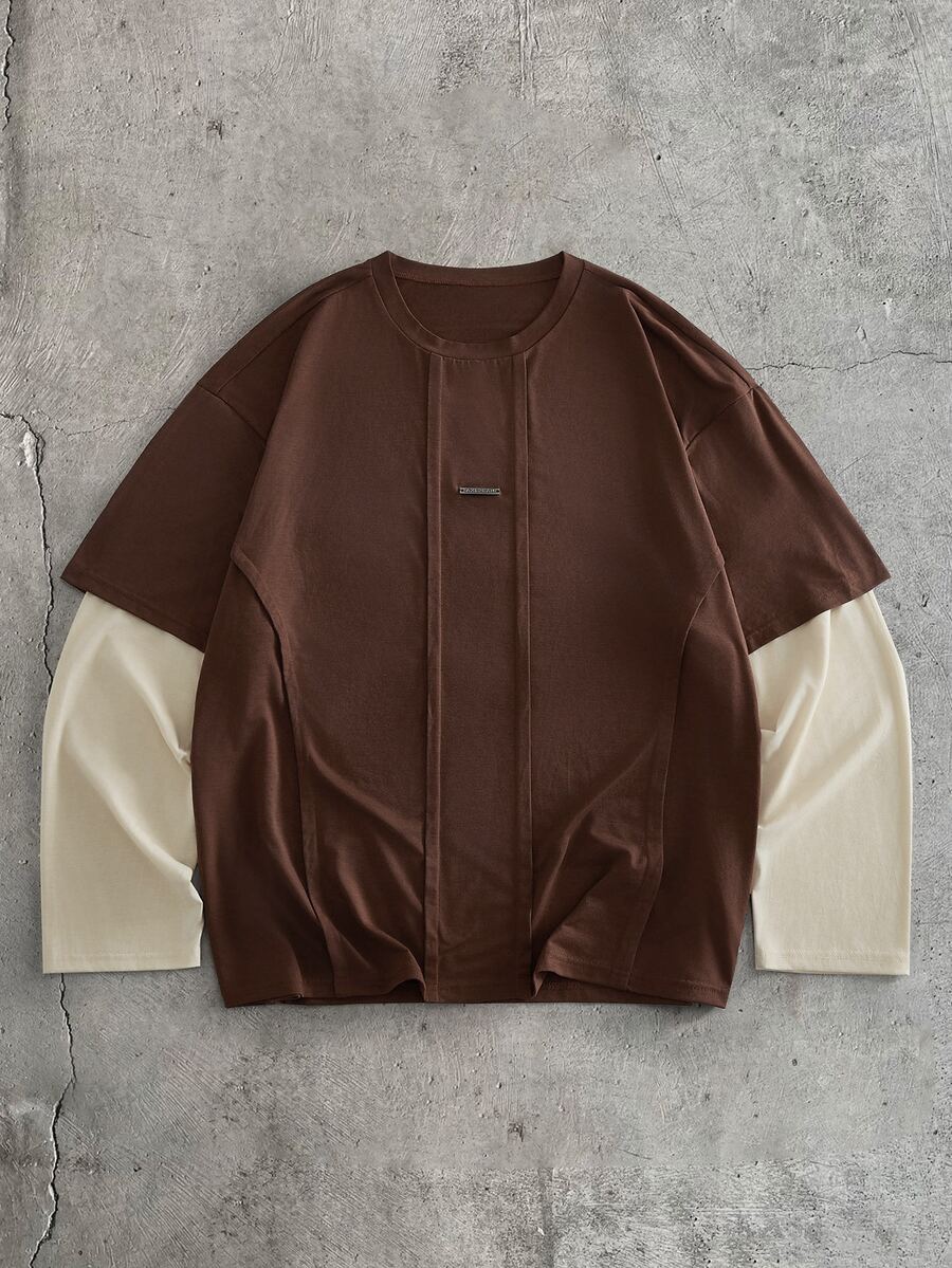 EASEVO Men's Plus Size Faux Two Pieces Long Sleeve Crew Neck Casual T-Shirt Halloween Winter Party Autumn - Coffee Brown - View 1