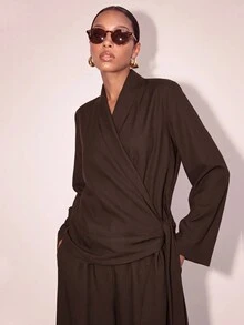 Zivah Solid Wrap Knot Side Blazer & Wide Leg Pants Suit Set - Brown - View 10