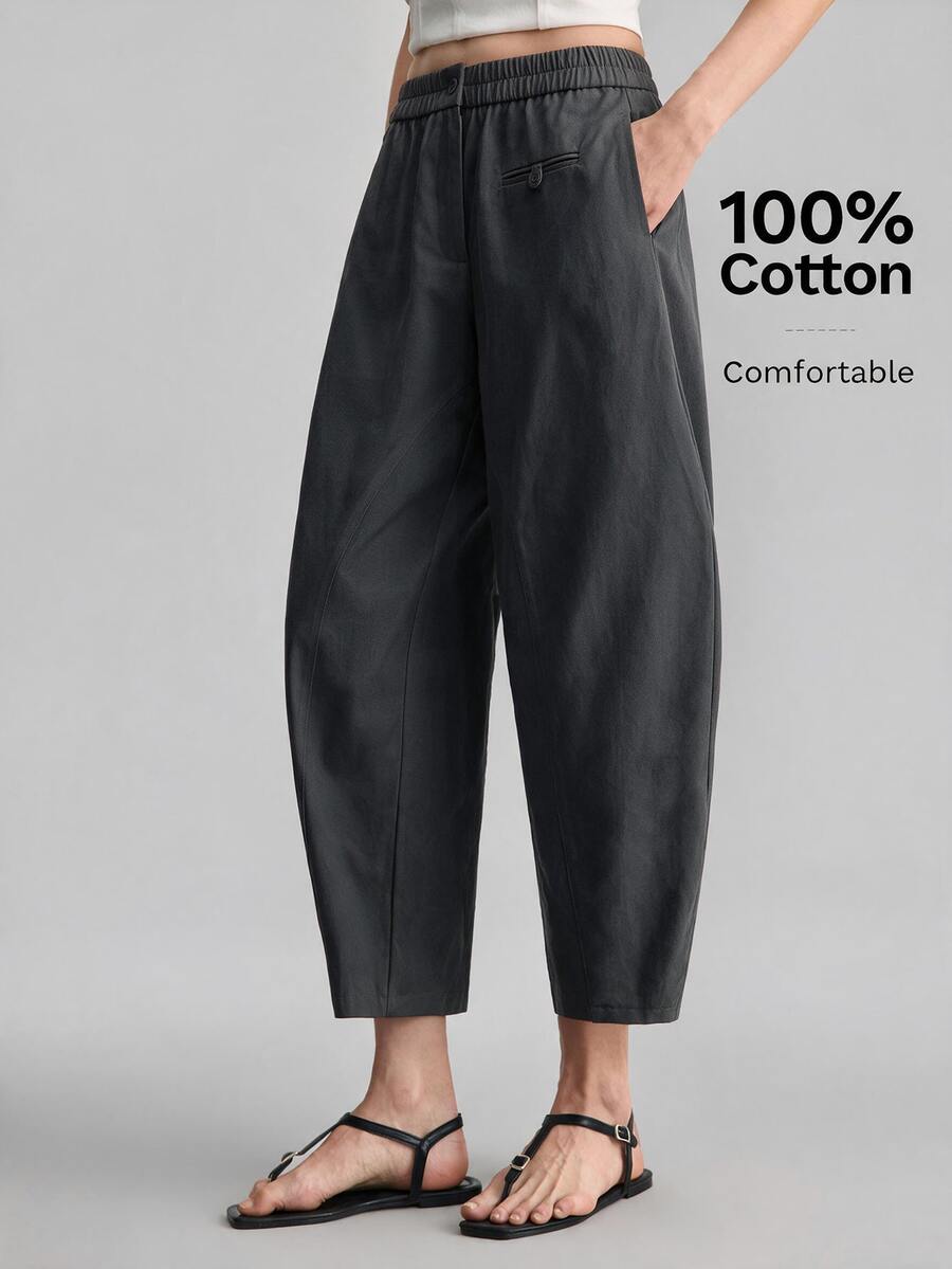 Ontre 2026 Autumn New Charcoal Gray Curved Waist Elastic Cropped Pants Women Urban Commute Elegant Vacation Beach Work Everyday Music Festival Clothing - Dark Grey - View 1