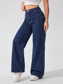 SHEIN Unity 女款高腰口袋寬腿寬鬆休閒牛仔褲 - 深色水洗藍 - 查看 6