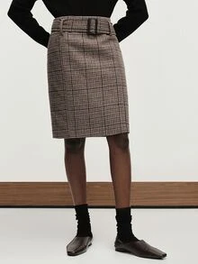 Aveloria Modichic Women's Skirt Slim H-Line Fit Tweed Texture Belted Square Buckle Commute Brown Plaid Fall Clothes For Women Christmas - Coffee Brown - View 7
