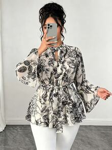Elenzga Halloween Plus Size Blue White Porcelain Floral Print Tie Waist Peplum Blouse, Stand Collar Keyhole Neck, Fron Fall Formal Party Elegant - Black - View 1