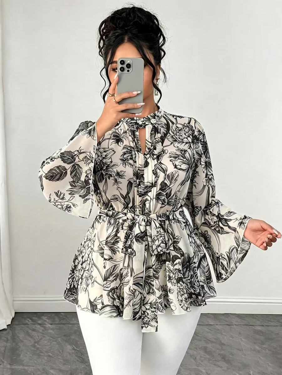 Elenzga Halloween Plus Size Blue White Porcelain Floral Print Tie Waist Peplum Blouse, Stand Collar Keyhole Neck, Fron Fall Formal Party Elegant - Black - View 1
