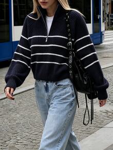 Pariaura Pull à manches raglan avec demi-zip et motif rayé - Bleu marine - Voir 5