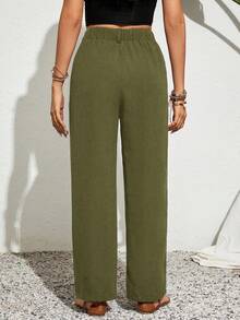 SHEIN VCAY Plus Size Casual Versatile Button Pocket Pleated Pants - Army Green - View 2