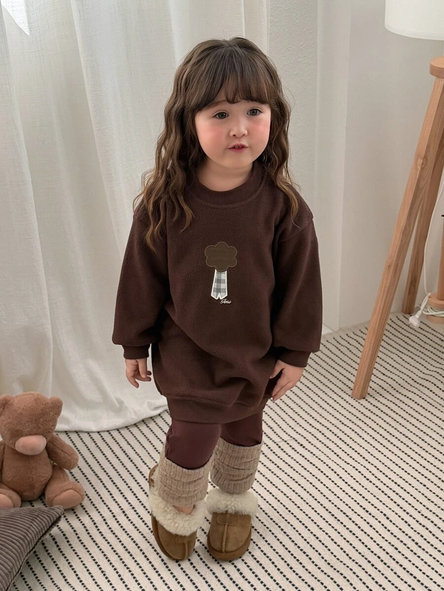 DAZY Gaun Bayi Perempuan Bordir Leher Bulat Bahu Jatuh Lengan Panjang Longgar - Coffee Brown - View 1