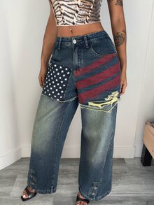 Jeanoix Y2K Wasteland Style Distressed Gradient Denim Straight Leg Jeans With Front Star Stripe Print Layered Ripped Holes Button Adjustable Wide Leg Pants - Dark Wash - View 5