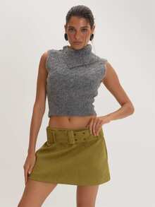 MUSEYN Grey Knit Folded Collar Sleeveless Top Versatile Everyday Casual Fall - Grey - View 1