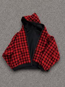 SHEIN 青少年男孩休閒格紋素色雙面可穿連帽外套，正反兩面皆可穿 - 黑色 - 查看 2