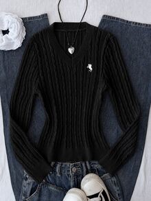 SHEIN 青少年女孩秋冬新款黑色長袖毛衣，適合秋冬季節穿搭，白色小馬圖案刺繡V領修身針織麻花毛衣 - 黑色 - 查看 3