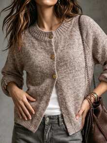 SHEIN كارديجان نسائي قصير محبوك بأسلوب فرنسي فضفاض للخريف/الشتاء، بياقة دائرية وثلاثة أزرار وأكمام طويلة منفوخة، كنزة صوفية طبقات مناسبة للتنقل اليومي والمواعدة والمناسبات الأخرى - كاكي - مشاهدة 3