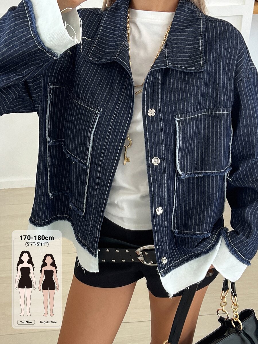 Dazy Tall Women's Striped Patchwork Loose Street Casual Denim Jacket - Dark Wash - View 1