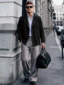 Manfinity Homme 男士純色休閒長袖外套，適合秋冬穿著，黑色大衣，鈕扣式大衣 - 黑色 - 查看 4
