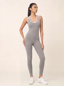 SHEIN BAE Women's Piped 2 In 1 Casual Tank Style Sports Jumpsuit - Light Grey - View 7