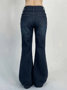 DAZY Women's Double-Breasted Zipper Half-Placket Elegant Fashion Versatile Denim Flare Pants - Dark Wash - View 4