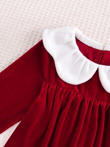 SHEIN Infant Girl Cute Corduroy Red Peter Pan Collar Colorblock Dress - Burgundy - View 7