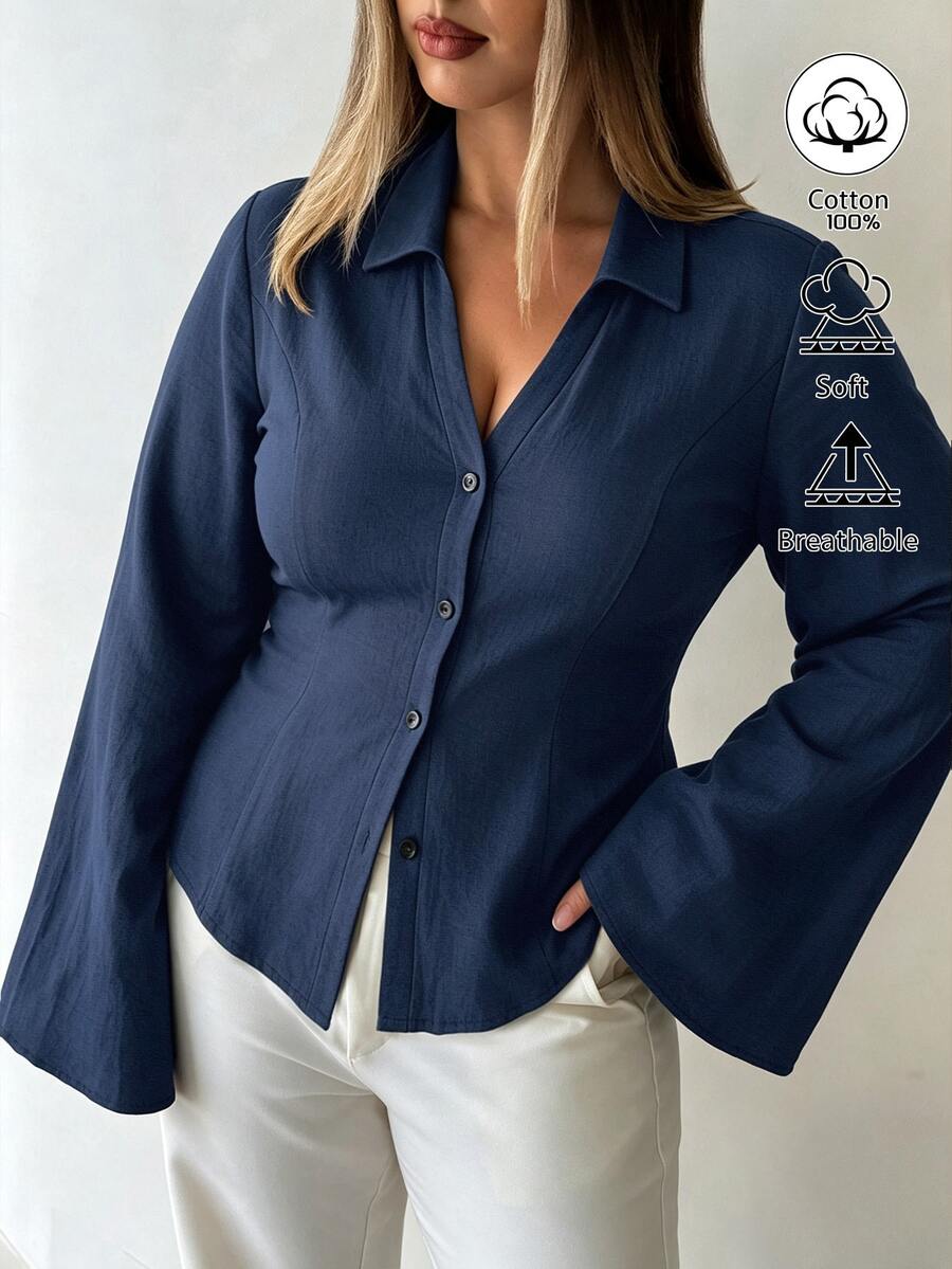 Elenzga Plus Size Women Autumn/Winter 100% Cotton Fabric Slim Fit Commute Daily Elegant Blouse - Navy Blue - View 1