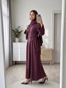 Solavon Women's Solid Color Round Neck Flared Sleeve Ruched Waist Elegant Modest Long Dress Everyday Bday Burgundy Autumn - Burgundy - View 11