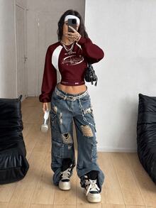 女款字母印花休閒日常穿著長袖運動衫 - 白色 - 查看 5