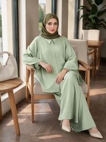 Auveirra Plus Size Women Solid Color Long Sleeve Top And Pants Casual Daily 2 Pieces Set - Green - View 4