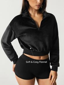 SHAPORA 2pcs Solid Half Zip Drop Shoulder Crop Lounge Sweatshirt - Multicolor - View 7