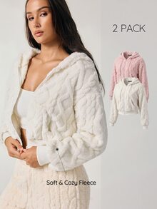 SHAPORA Women's Casual Plush Jacquard Hooded Jacket & Loungewear Top 2pcs Set - Multicolor - View 1