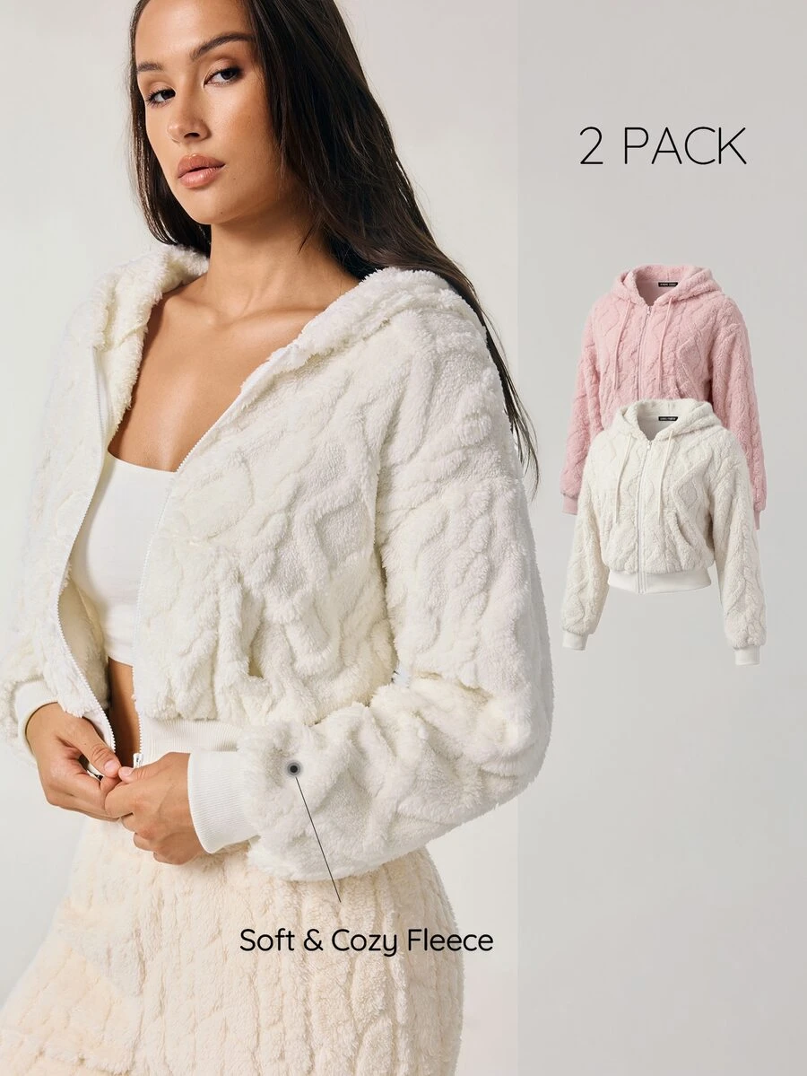 SHAPORA Women's Casual Plush Jacquard Hooded Jacket & Loungewear Top 2pcs Set - Multicolor - View 1