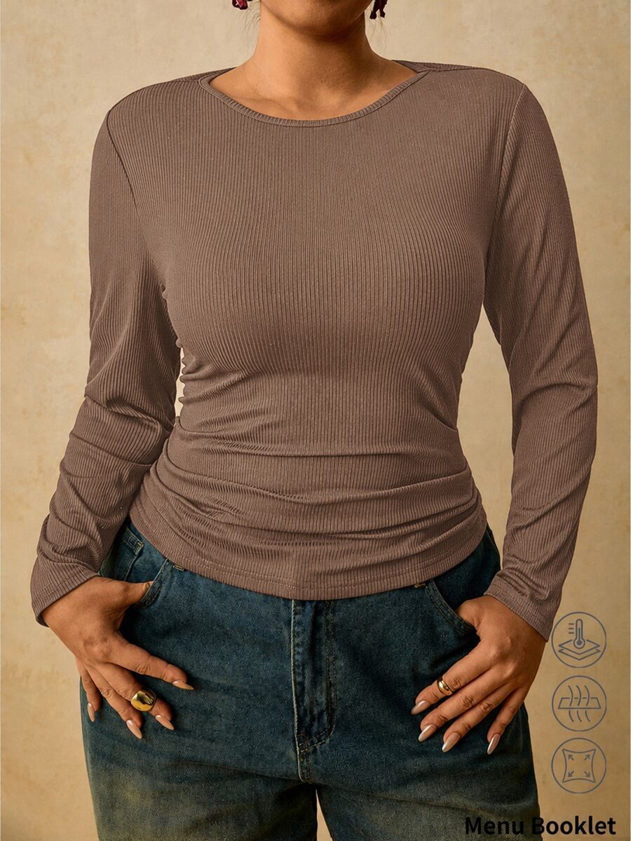 Travachic Plus Size Women Black Long Sleeve Round Neck Thermal Base Layer T-Shirt, Ruched Waist Flattering Belly Control Tee - Brown - View 1