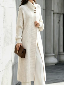 SHEIN Women's All-Match Fashion Minimalist Versatile Lapel Button Long Cardigan Stand Collar Button Commuter Sweater Coat - Apricot - View 6
