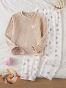 Genkimix Kids 女童大童睡衣套裝 秋冬日常休閒優雅居家服 長袖長褲 蝴蝶結刺繡圖案與滿版小愛心印花 刷毛套裝 - 卡其色 - 查看 4