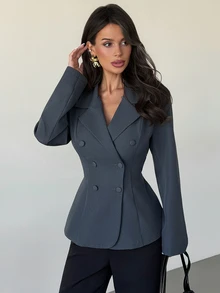 Firerie Blazer Wanita Abu-abu Gelap Kancing Ganda dengan Ikat Pinggang dan Kerah Ramping - Grey - View 7