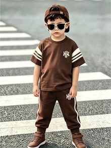 Kids Young Boy Autumn New Casual Minimalist Loose Comfortable Sporty Style Round Neck Short Sleeve & Long Pants 2pcs Set - Multicolor - View 1