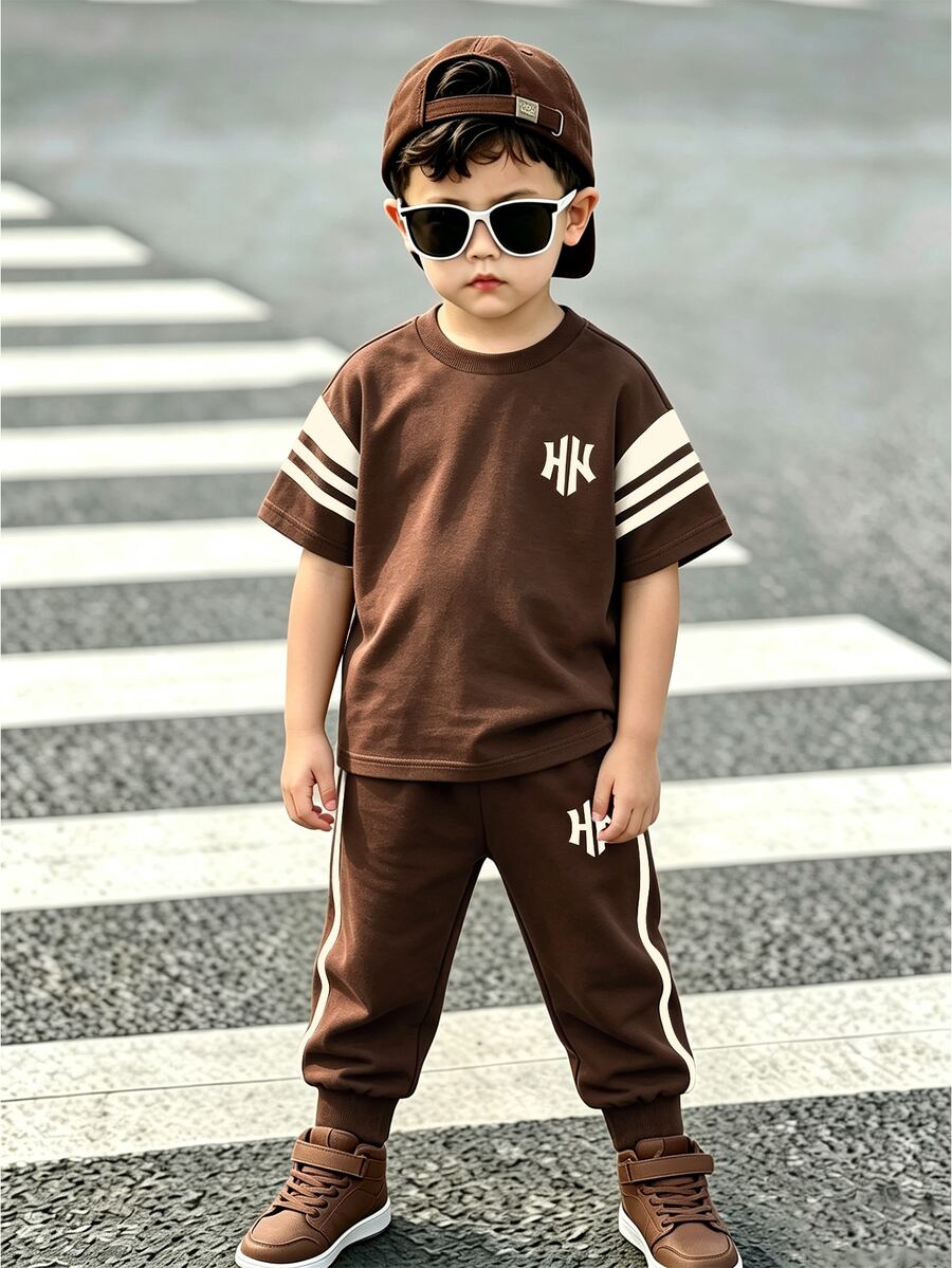 Kids Young Boy Autumn New Casual Minimalist Loose Comfortable Sporty Style Round Neck Short Sleeve & Long Pants 2pcs Set - Multicolor - View 1