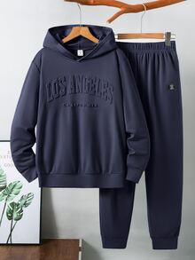 SHEIN 青少年男孩拼色寬鬆長袖連帽衫套裝，冬季，街頭風，畢業季，開學季 - 藏蓝色 - 查看 2